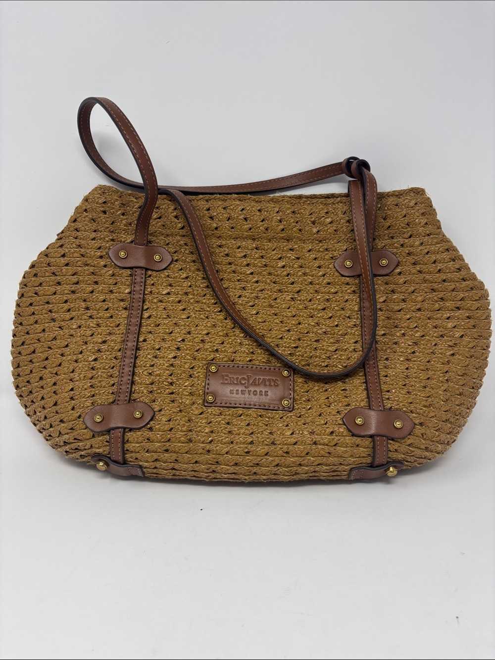 Eric Javits Tan Woven Straw Tote with Brown Leather Trim